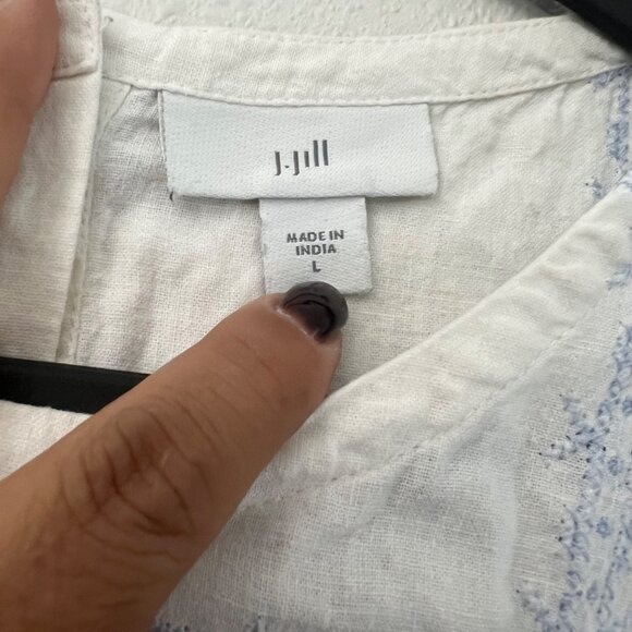 J Jill White Blue Embroidered Linen Blend Coastal Cottagecore Blouse Womens Sz L - Picture 2 of 5